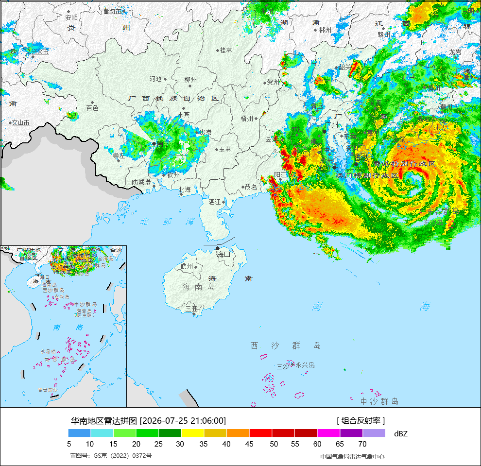 华南地区雷达拼图，2026-07-25 21:06