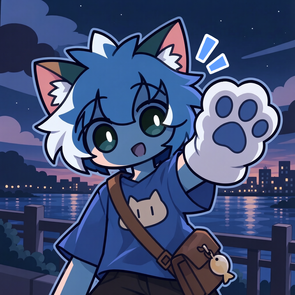 站长的蓝色猫猫形象，在星空下举起爪子打招呼